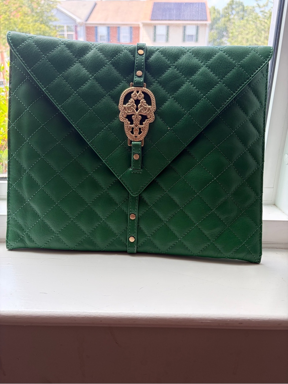 Thomas Wylde Quilted Leather Envelope Clutch - Emerald Green Gold Skull